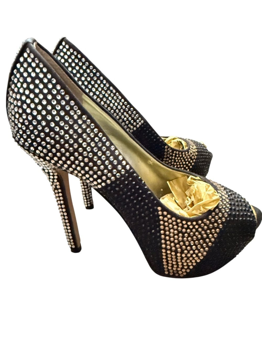 Enzo Angiolini Black Crystal-Studded Peep-Toe Stilettos